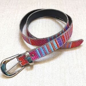 Elite Accessories Vintage Striped Belt Silver Metallic Accents and Buckle Size M